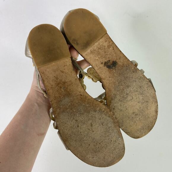 Stuart Weitzman Gold T Strap Beaded Sandals - Picture 5 of 7